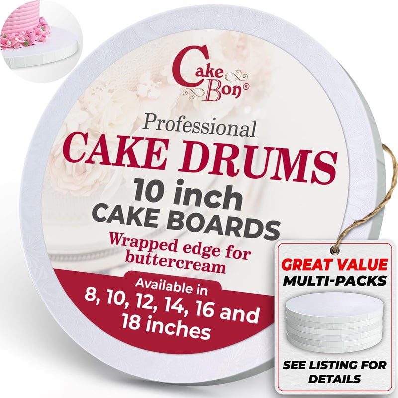 Cakebon Round Cake Boards - Sturdy 1/2 Thick Drums - 10 Inch Professional Fully Wrapped Edges White 1-Pack - Image 1